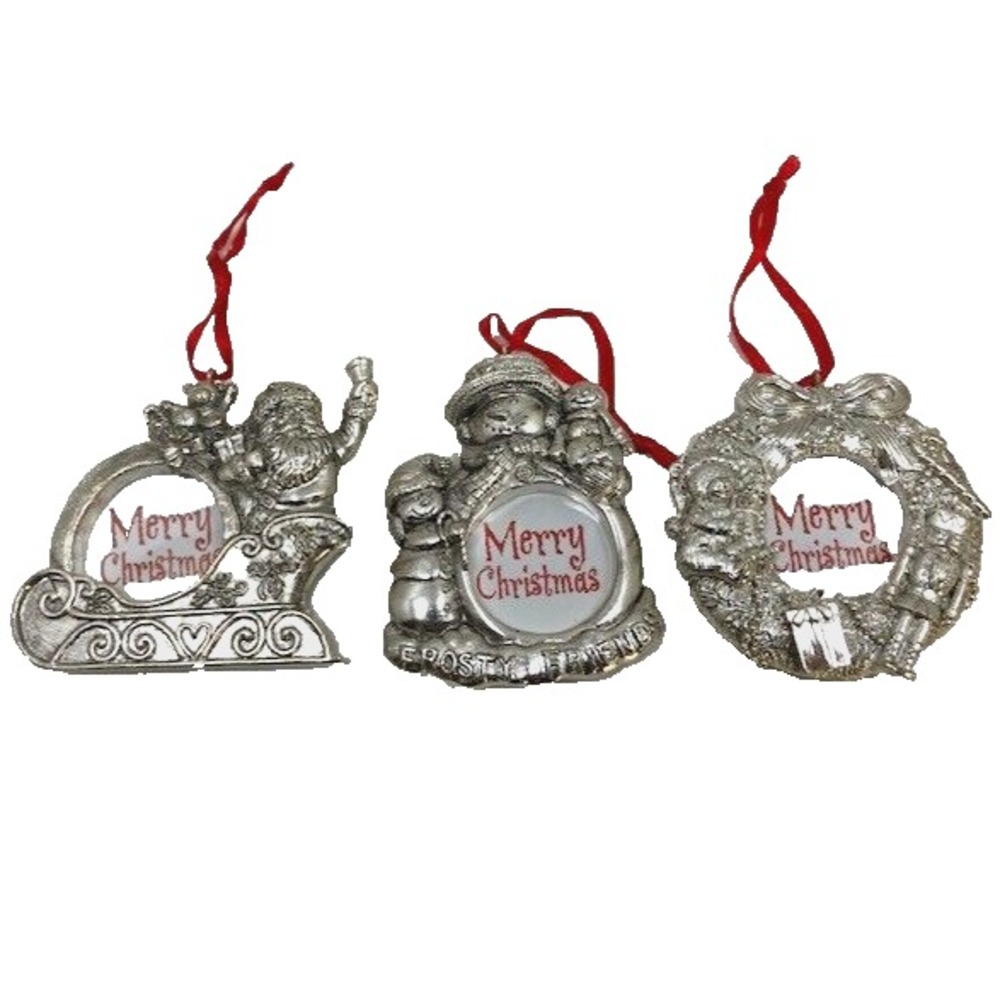 New 2001 Avon‎ 3 Frame Ornaments w/Antique Silver-Toned Finish Santa Wreath Snow